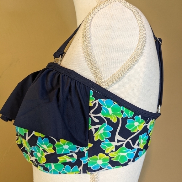 FULL COVERAGE floral ruffle top navy High Waisted BIKINI 2piece swim suit - Picture 7 of 16